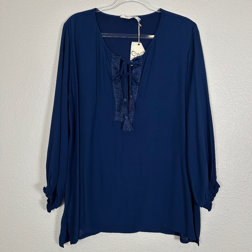 Johnny Was Calme size L Peasant top boho tassel front navy viscose NEW